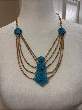 Turquoise Rose Layered Chain Necklace - Gold Tone and earrings